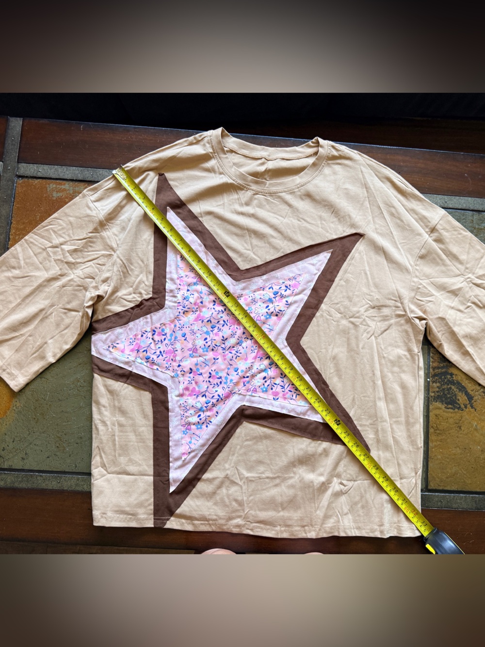 Star embroidery patchwork xl 3/4 sleeve t shirt flowy cotton lightweight art xl